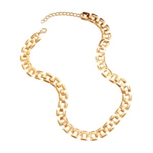 Macro view of gold punk link necklace showing the brick weave structure and lobster clasp