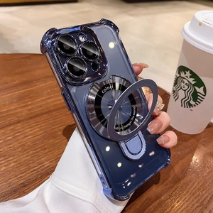 Detail of blue magnetic phone case with integrated kickstand for iPhone 17 Pro Max