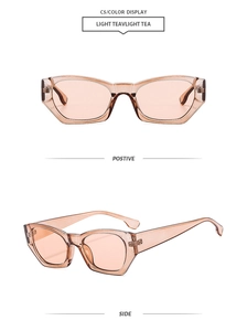 Detailed front and side view of cat-eye sunglasses with light tea frames and integrated nose pads