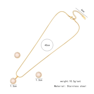 Detailed dimensions of gold stainless steel necklace set with pink faux pearl and crystals