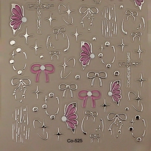 5D gel nail stickers with silver metallic butterflies, crosses and pink bows on sheet