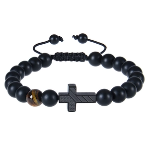 Matte black beads and tiger eye stone bracelet with cross pendant and adjustable cord