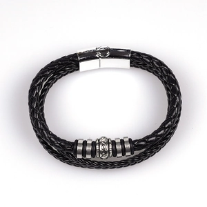 Men's multilayer braided black leather bracelet with silver metal beads and magnetic clasp
