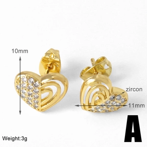 Detailed dimensions of heart stud earrings with gold plating and white zircons