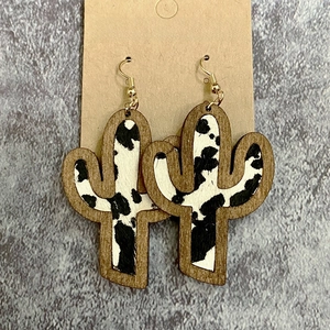 Western wooden cactus earrings with faux cow hair cowhide pattern in a boho fashion style
