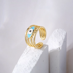 18K gold plated multi-layer open ring with blue enamel evil eye charm for women