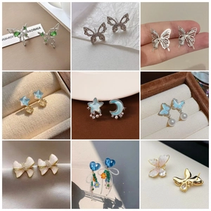 Collection of S925 butterfly stud earrings with crystal and pearl accents for women