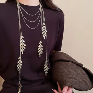 Multi Layer Long Necklace Alloy Iron Leaf Pendants Sweater Chain Bohemian Style Fashion Jewelry For Women