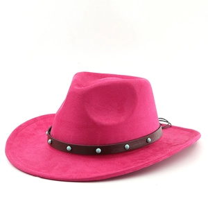 Detail of rose red suede cowboy hat with turquoise studded brown leather band