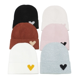 Winter knitted beanie hats for women featuring cute heart embroidery in six various colors