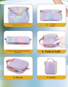 Step-by-step macro guide showing how to fold the iridescent waterproof travel backpack