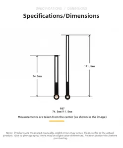 Detailed size chart for black clock hands showing 74.5mm hour and 111.5mm minute needles