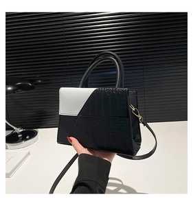Détail du sac à main en cuir de crocodile noir et cuir lisse blanc avec patchwork