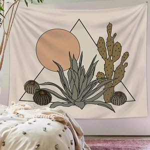 Minimalist desert cactus wall tapestry with geometric sun design for bedroom decor