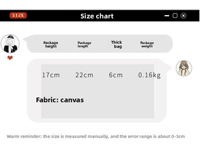 Size chart showing dimensions for the canvas crossbody bag: 17x22x6cm and 0.16kg
