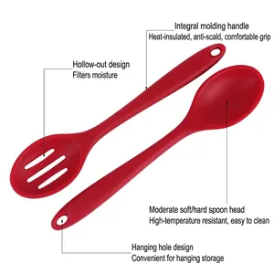 Red silicone cooking spoon set with solid and slotted designs for high heat kitchens