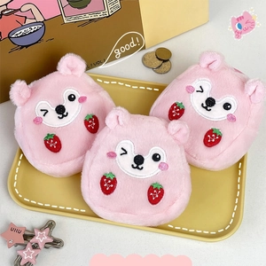 Pink plush hamster coin purse with strawberry embroidery and soft cartoon design