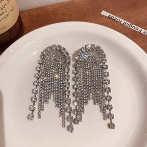 Elegant silver tassel drop earrings with sparkling rhinestones on a white ceramic plate