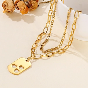 Golden double-layer stainless steel necklace with hollow heart square pendant