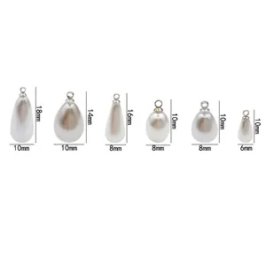 Detailed size measurement guide for white pearl charms showing 10mm to 18mm dimensions