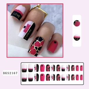 Detailed set of 24 long press-on nails with red, black, and gold marble love patterns