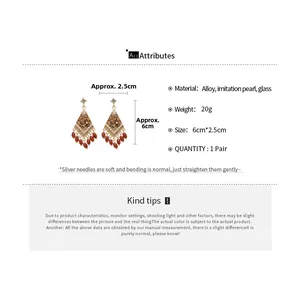 Detail view of rhombic crystal tassel earrings with dimensions and product specifications
