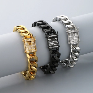 Men's Cuban Link Bracelet Stainless Steel With Rhinestone Encrusted Clasp Hip Hop Streetwear Jewelry Accessory