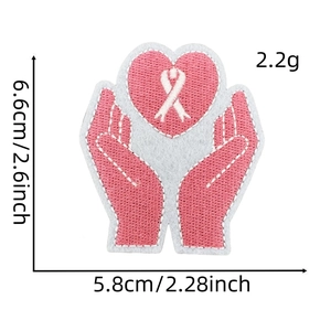 Pink ribbon heart embroidery patch showing detailed dimensions 6.6cm by 5.8cm