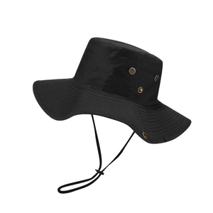 Outdoor wide brim black sun hat with adjustable drawstring and metal vent holes
