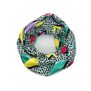 Vintage geometric print beanie and neck gaiter with colorful 90s pop art pattern