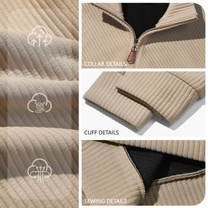 Men's khaki rib-knit half-zip sweatshirt with twill texture and collar details