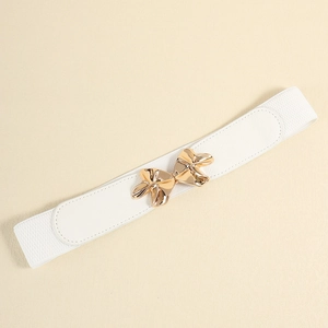 Close-up of white elastic waist belt with gold four-leaf clover metal buckle closure