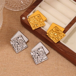 French Vintage Textured Stainless Steel Square Earrings Hammered Geometric Double Layered Stud Earrings For Women Jewelry