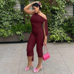 Detail view of burgundy one-shoulder slim fit jumpsuit against a green floral backdrop