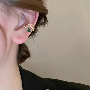 Snake Ear Cuff Gold Plated Copper Green Zircon Non Piercing Clip On Earring Elegant Chic Jewelry For Women