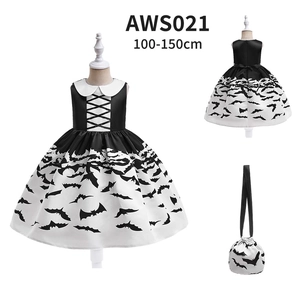 Detail view of Halloween witch dress for girls with bat print and matching drawstring bag