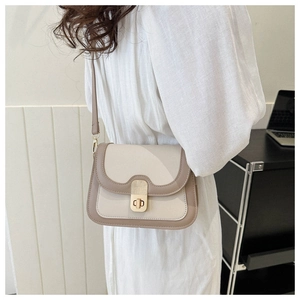 Detail showing the two-tone color block design and gold metal turn-lock of this square bag