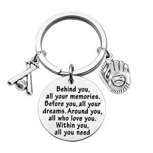 Baseball Stainless Steel Keychain Inspirational Graduation Quote Round Tag Bat Glove Charms Gift For Sports Players
