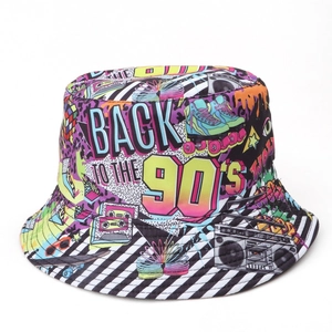 Detail of vintage 90s street style bucket hat featuring colorful retro icons and slogans