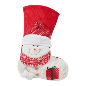 Christmas snowman knitted stocking with red polka dot hat and wooden button detail