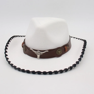 White felt cowboy hat with silver bull head leather band and black woven edge trim