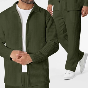 Olive green waffle knit men's casual jacket and pants set with stylish texture