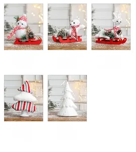 Detailed views of Christmas reindeer, snowman, and tree figurines with size specifications