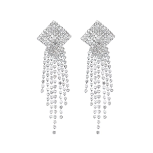 Elegant geometric square silver drop earrings with long rhinestone tassels for weddings