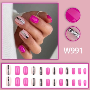 Square rose pink press-on nails set with black stripes and silver glitter accents