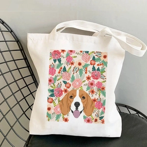 Witte canvas draagtas met Beagle-hoofd en roze oranje bloemenprint voor vrouwen