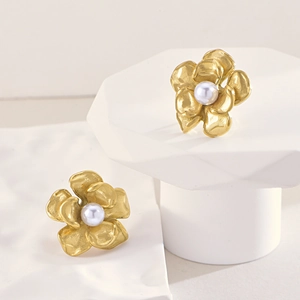 French vintage style camellia stud earrings with gold petals and white pearls