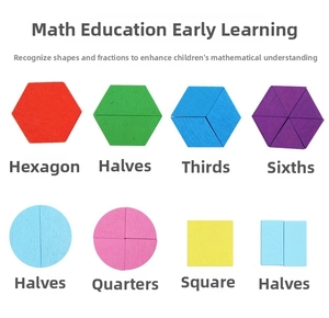 Educational wooden fraction blocks showing colorful geometric shapes for math learning