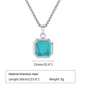 Macro detail of stainless steel necklace with 15mm turquoise pendant and 60cm box chain