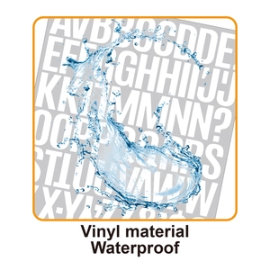Waterproof white vinyl letter stickers shown with water splashes to demonstrate durability